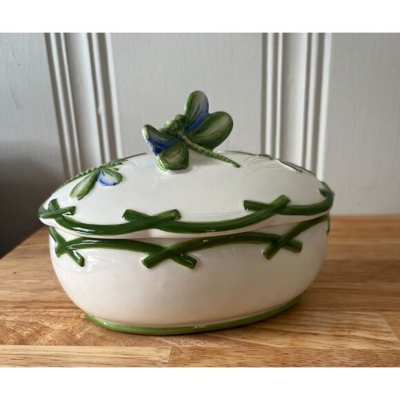 Ceramic Dragonfly-Themed Trinket Box With Lid Mariposa Hand Painted Italy - Picture 2 of 9